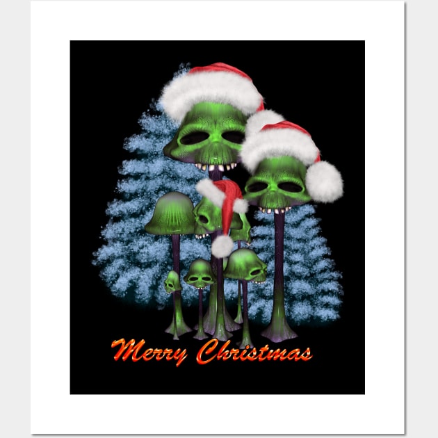 Merry christmas, funny mushroom skull with christmas hat Wall Art by Nicky2342